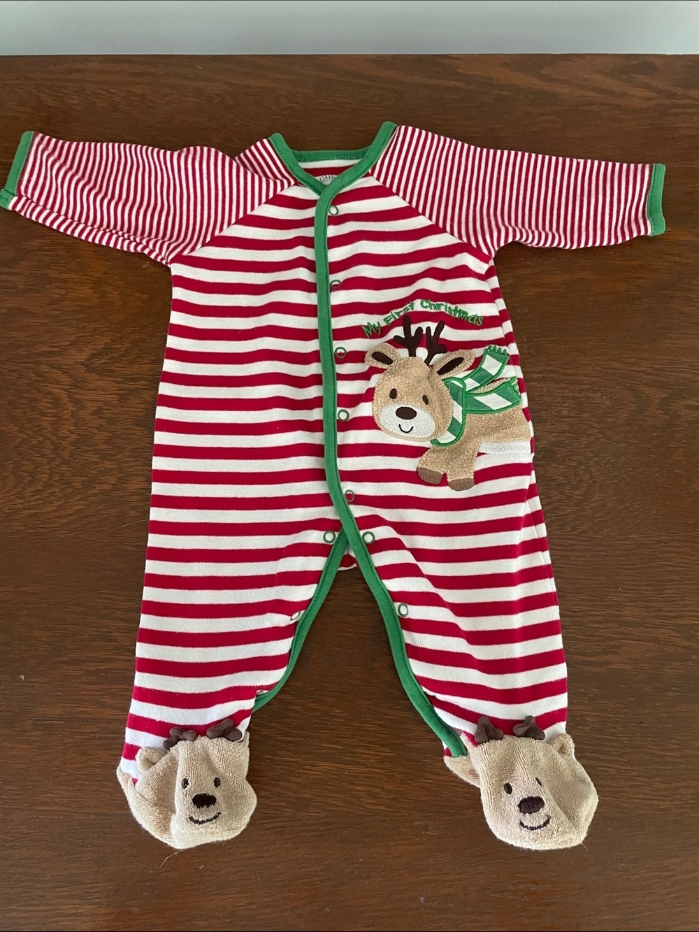 Little Me Red & White Striped Reindeer Footed One-Piece with Green Trim